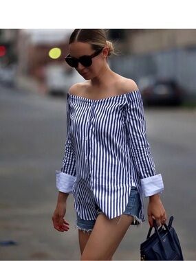 rag & bone Blue and White Striped Off-the-Shoulder Button-Up Blouse